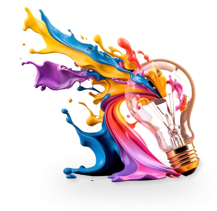 Explosão vibrante de tintas coloridas saindo de uma lâmpada, simbolizando o processo criativo, inovação e design estratégico da Creact Burst.