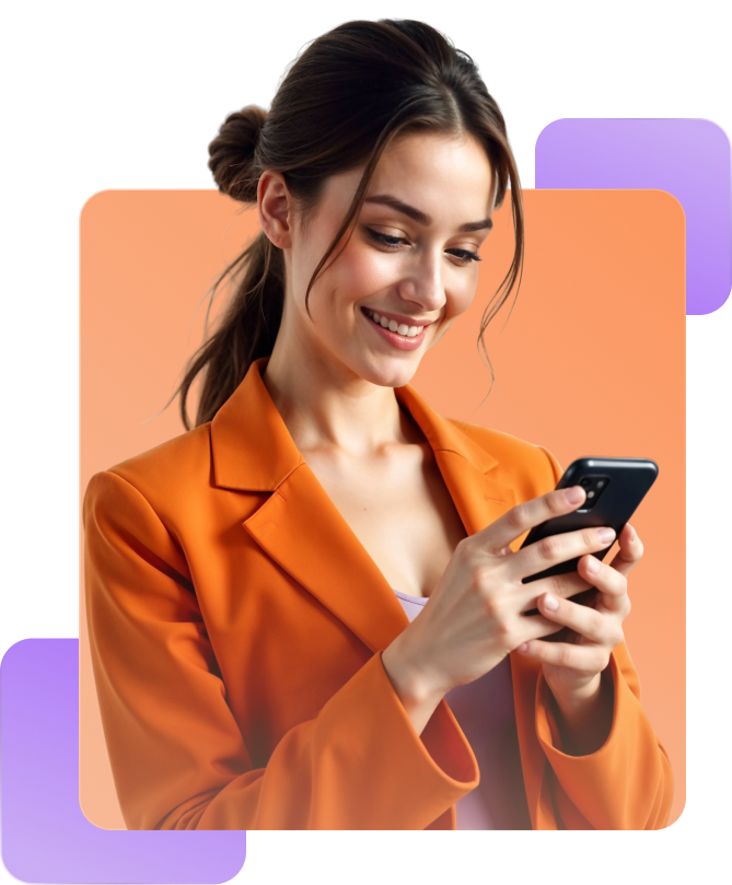 Mulher sorridente usando smartphone, representando engajamento e sucesso com conteúdos criados pela Creact Burst Design.