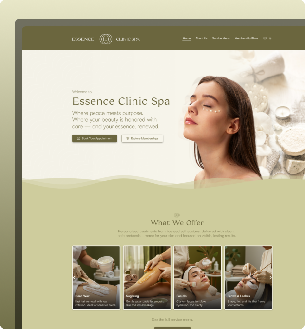 Site com sistema de agendamento e membresia feita pela Creact Burst Design — foco em experiência digital.