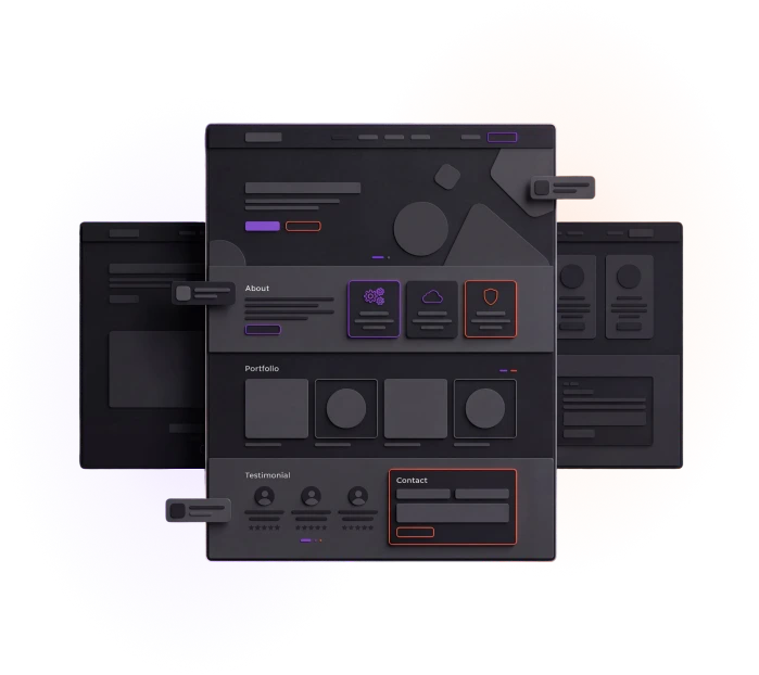 Mockup de layout de site em desktop com seções de sobre, portfólio, depoimentos e contato, representando a Creact Burst Design como empresa de criação de sites.