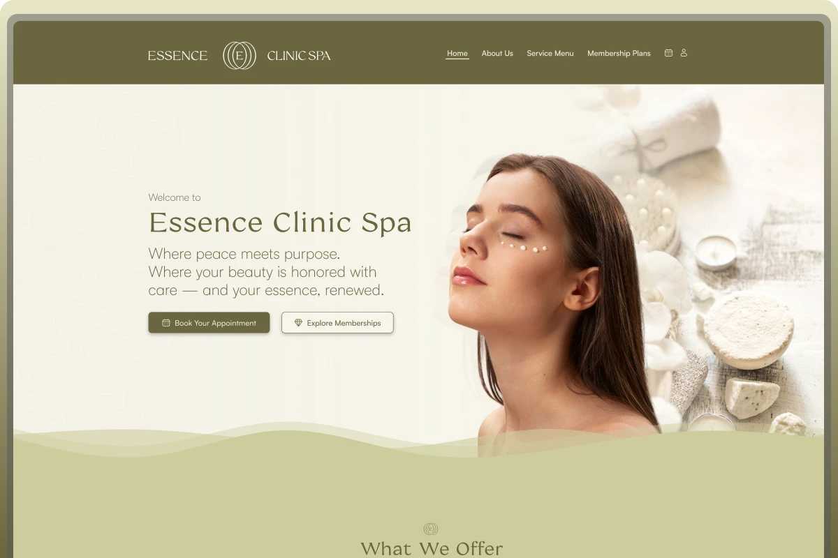 Seção hero da página inicial do site da Essence Clinic Spa (EUA), projeto desenvolvido por empresa de criação de sites, com sistema de agendamento para serviços de estética.