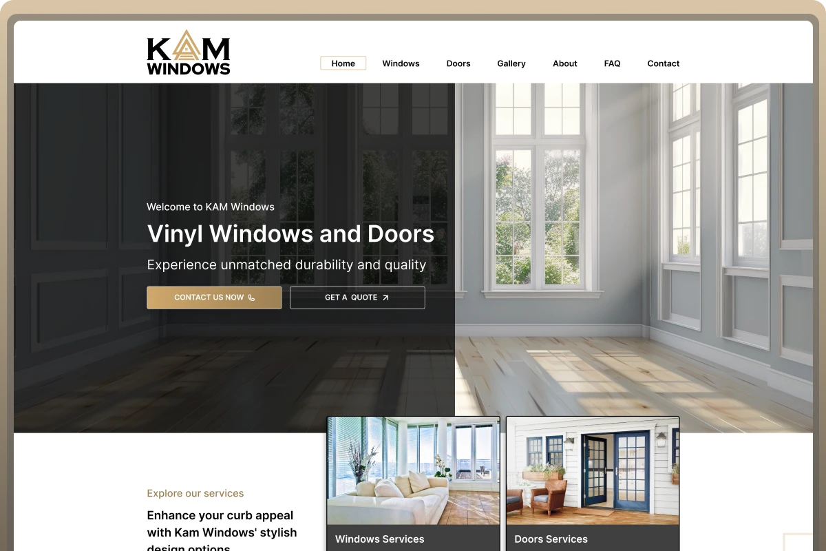 Seção hero da página inicial do site da KAM Windows (Atlanta, EUA), projeto desenvolvido por empresa de criação de sites para windows and doors, com destaque para durabilidade e qualidade.
