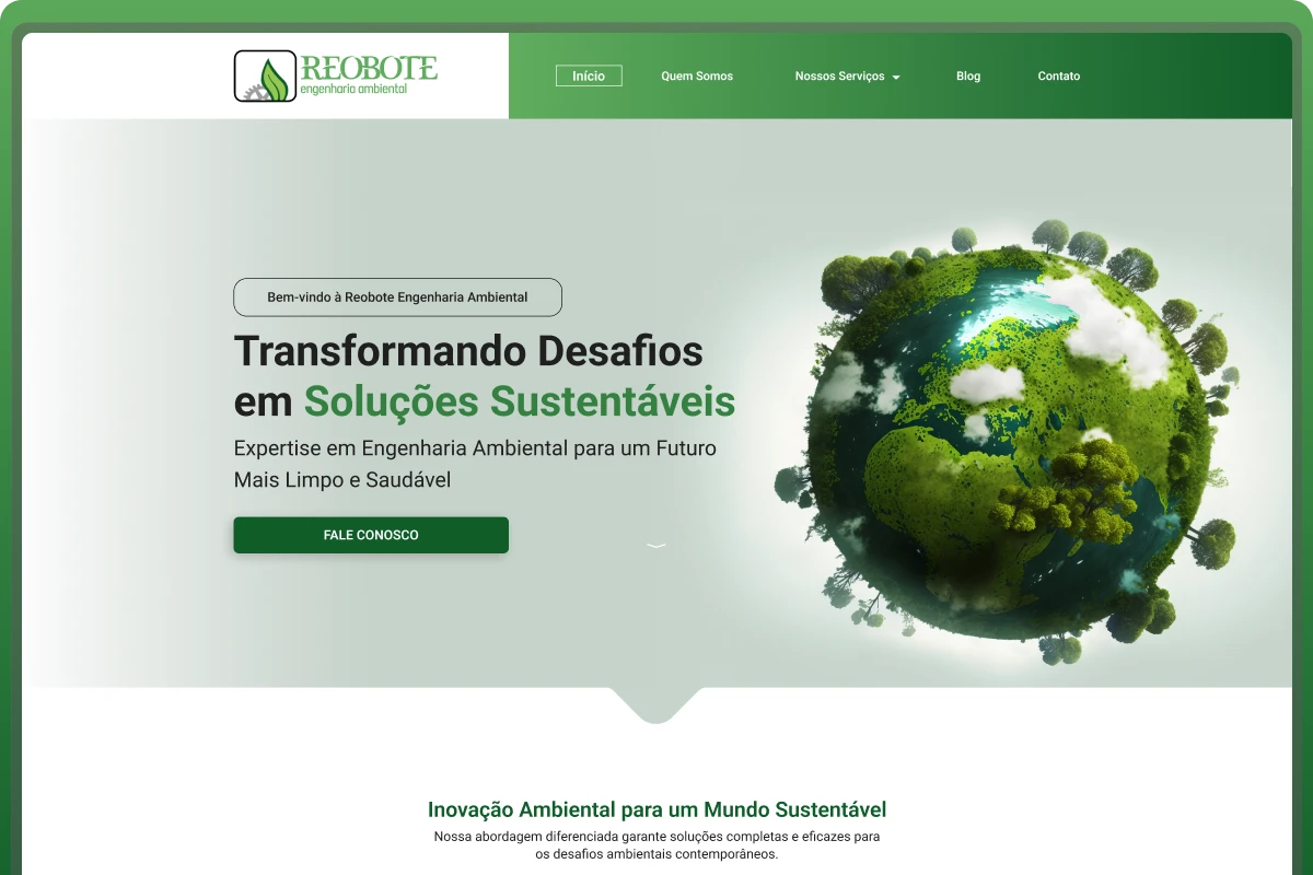 Seção hero da página inicial do site da Reobote Engenharia Ambiental, projeto desenvolvido por empresa de criação de sites para serviços de engenharia ambiental.